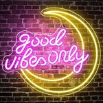 LightingWill Good Vibes Only Neon Sign, Dimmable Moon Neon Light Powered by USB with Switch, LED Neon Light Signs for Bedroom, Wall Decor, Game Room, Party, Bar Decor, Pink/Yellow, 14.5"x13"