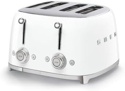Smeg, Toast 4x4 TSF03WHEU, 4 Fächer für 4 Scheiben, 6 Stufen vergoldet, Heizfunktion, Abtau- und Bagel- Funktion, 2 Krümelbehälter, 2000W, Weiß