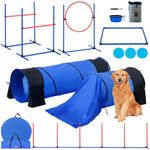 VEVOR Dog Agility Training Equipment, 7 PCS Set w/Adjustable High Hurdles,6 Weave Poles,2 Tunnels,Jump Ring,Pause Box,Whistle,Foldable Bowl,Puppy Obstacle Course Kit w/ 3 Bags