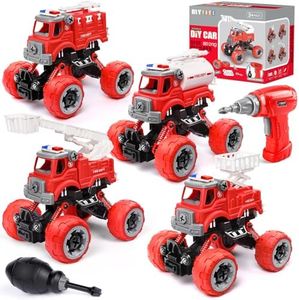 LUDILO 4PCS Fire Truck Toys for 3 4 5 Year Old Boy Birthday Gifts DIY Assembly Take Apart Firetruck with Electric Drill Stem Building Toys Xmas Bday Gifts 3 4 5 6 Year Old Boys Girls Kids Toddler Toys