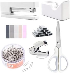 Office Supplies and Accessories - White Desk Set with Stapler, Tape Dispenser, Staple Remover, Clips and Scissors
