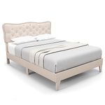 COSTWAY 4FT6/5FT Bed Frame, Double/King Size Upholstered Platform Bed Frame with Button Tufted Headboard, Wooden Slat Support Bedstead Base Mattress Foundation, No Box Spring Needed (4FT6 Double)