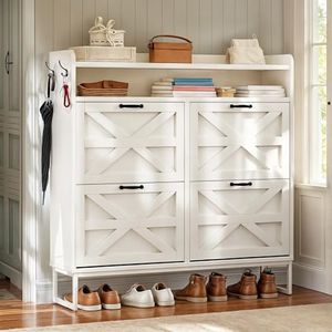 YITAHOME Farmhouse Shoe Storage Cabinet for 24 Pairs with 4 Flip Drawers, Freestanding Shoe Organizer for Entryway, Narrow Slim Shoe Rack Cabinet for Living Room, Hallway (White)