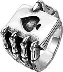 JewelryWe Mens Stainless Steel Ring, Gothic Skull Hand Claw Poker Playing Card, Black Silver,Size 12