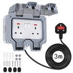 Chilymes Double Outdoor Socket with 3m Extension Lead, Outside Plug Socket IP66 Waterproof Socket 13Amp 2 Gang Switched Socket Cover, Wall Electrical Outlet Socket Box