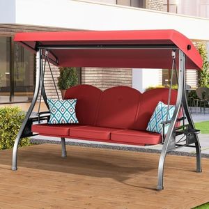 ZZW 3 Seat Outdoor Porch Patio Swing with Stand 800lbs 2-in-1 Convertible Swing Bed with Adjustable Canopy & Removable Cushion for Yard Garden Deck (Wine Red, Square Tube)