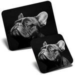 Mouse Mat & Coaster Set - BW - Black French Bulldog Dog 23.5 x 19.6 cm & 9 x 9 cm for Computer & Laptop, Office, Gift, Non-slip Base #39678