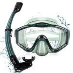 KUYOU Snorkel Set Adults Dry Top Snorkel Mask,180°Panoramic Wide View Diving Mask, Anti-Fog Tempered Glass, Anti-Leak Snorkeling Gear for Snorkeling Scuba Diving Swimming (Dark Celadon)