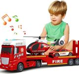 SpringFlower Large Fire Truck Toy with Racing Car and Helicopter, 3 in 1 Lights & Sounds, Christmas & Birthday Gift for Kids 3-6 Years