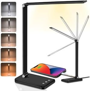 Lampara De Escritorio con Luz Led Regulable en 5 Tonos de Calidez y 5 Intensidades Para Estudiar, Flexo Tactil con Carga USB Para Escritorio, con Tono Regulable LED, Para Oficina (Negro)