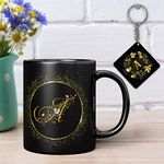 Kivstar A Letter Black Printed Mug + Keychain,Gift For Love,Birthday,Wife, Husband, Girlfriend Boyfriend,Kids,Brother,Sister On Birthday Love Valentines Day And Anniversary - 325 Ml