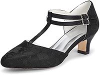 JIAJIA 00968 Women's Bridal Shoes Closed Toe T-Strap 1.9" Block Low Heel Lace Satin Pumps Wedding Shoes Colour Black,Size 9 B(M) US/40 EU