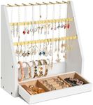 DGWJSU Jewelry Organizer Stand, 5 Layer Earring Holder Organizer with Necklace Holder, Rustic Wood Earring Organizer Display for Stud Earring Bracelet Necklace Ring, Watches(White Gold)