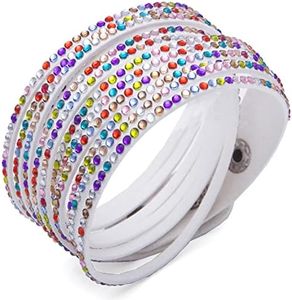Barzel Leather Created Austrian Crystals Wrap Bracelets (White with Rainbow Color Stones)