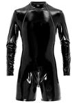 dPois Mens Jumpsuit Short Latex Leather Look Vinyl Body Lingerie Undershirt Leotard with Zip Black Medium