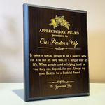 Appreciation Gift for Pastor's Wife Award Plaque Wooden