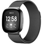 JKD Compatible with Fitbit Sense Versa 4 Sense 2 and Versa 3 Bands for Men Women, Stainless Steel Breathable Mesh Metal Smartwatch Band Replacement Accessories Bracelet Strap with Magnet, Large Black