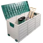 Outdoor Garden Furniture Storage Box - Plastic Seat Utility Chest Cushion Shed Box For Garden Tools, Toys, Equipment | Safe and Secure - All Weather Resistant | Indoor - Green Lid, Handles and Wheels