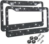 Tzarrot Black Bling License Plate Frame for Women Men, 2 Pack Black Rhinestone Diamond License Plate Frame, Glass Crystal Black Glitter License Plate Frame, Metal Black Sparkly License Plate Frames