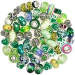 60 Pcs European Assorted Large Hole Spacer Beads, Assortments Metal Resin Charm Beads Rhinestone Beads, Supplies for DIY Necklace Bracelets Jewelry Making（Green）