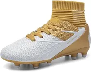 DREAM PAIRS Boys Girls Soccer Cleats Youth Firm Groud Outdoor Sport Athletic High Top Football Shoes for Little/Big Kid,Size 6 Big Kid,Gold/White,HZ19002K