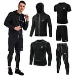 MEETYOO Men's 5pcs Compression Sets Pants Long Sleeve Shirt Athletic Shorts Running Jacket Black