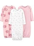 Simple Joys by Carter's Baby Girls' 3-Pack Cotton Sleeper Gown Wearable Blanket, Light Pink Bunny/White Rainbow/Elephants, 0-3 Months (Pack of 3)