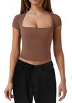 LACOZY Women Short Sleeve Crop Top Skim Dupes Baby Tee Tight Y2k Basic Going Out Tops Slim Fit Square Neck Shirt Coffee S