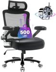 Big and Tall Office Chair 500lbs, Ergonomic Computer Chair with 3D Flip up Arms Large Rubber Wheels Adjustable Lumbar Support&Headrest, Executive High Back Desk Chair, Heavy Duty Metal Base, Mesh Back