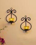 Homesake® Wall Candle Sconce Set of 2 Wrought Iron Candle Holder Hanging Wall Mounted Candle Sconces for Living Room Home Decor, Black with Glass and Free T-Light Candles (Yellow)