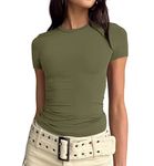 LACOZY Women Short Sleeve Going Out Tshirt Crewneck Basic Crop Tops Skinny Dupes Tight Shirt Yoga Army Green S