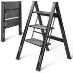 TECKNET Aluminium 3 Step Ladder Folding Ladder Portable Lightweight Small Kitchen Step Stool Safety Household Ladder Stepladder with Anti Slip Wide Tread, Maximum Load 330lbs, Multi Purpose Use, Black