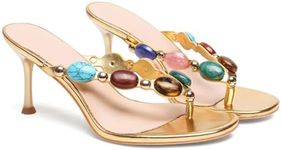 Oakmoo Women's Jeweled Thong Strappy Sandal Summer Mules Kitten Heels Flip Flop Round Open Toe Mid Heels Fashion Wedding Party Dress Thong Casual Shoes