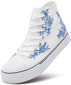 ZGR Womens High Top Canvas Sneakers,Lace-up Canvas Shoes,Casual Tennis Walking Shoes, Blue&white Embroidery, 10