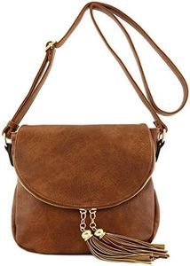 Tassel Accent Crossbody Bag with Flap Top (Tan)