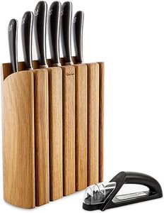 Robert Welch Signature Book Oak Knife Block Set. Includes Knives: Carving 23cm, Bread 22cm, Santoku 11cm, Cook’s 18cm, Kitchen 14cm, Paring 10cm, and Hand-Held Sharpener