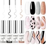 SUPWEE 4 Colors White Black Gel Liner Polish Nail Art Gel Liner Set Silver Glitter Nail Painting Gel for French Tip Champagne Reflective Gel Polish DIY Drawing Nail Gel Design Soak Off UV