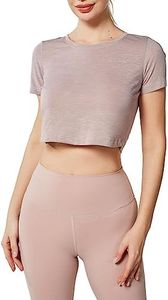 GRAMVAL Womens Cropped T Shirts, Short Sleeves Crew Neck Tee Tops Athletic Workout Gym Yoga Sweatshirts Mauve