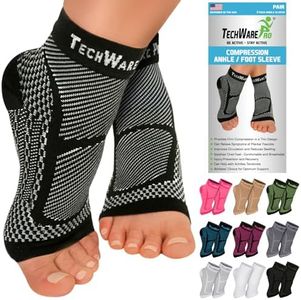 TechWare Pro Ankle Brace Compression Sleeve - Relieves Achilles Tendonitis, Joint Pain. Plantar Fasciitis Foot Sock with Arch Support Reduces Swelling & Heel Spur Pain. (Black, S/M)