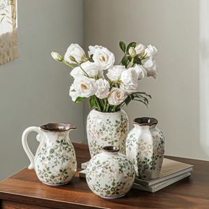 Ceramic Flower Vase for Decor | Vintage Mini Green Rustic Vases, Farmhouse Room Decor Vase Set for Home, Coffee Table, Bookshelf, Centerpieces and Dinner Room (3.8+4.6+4.7+5 Inch) Set of 4