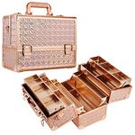 FRENESSA Makeup Train Case 12 inch Large Portable Cosmetic Case - 6 Tier Trays Gold Lining Professional Makeup Storage Organizer Box Make Up Carrier with Lockable Keys for Women - Shiny Rose Gold