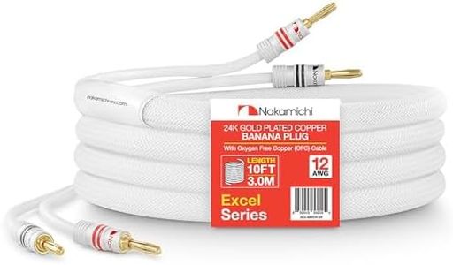 Nakamichi Excel Series 24k Gold Plated Banana Plug with (10 Feet) Speaker Cable Wire 99.9% Oxygen-Free Copper (OFC) Heavy Duty Braided White (12AWG / 10ft / 3.0m)