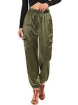 Allegra K Women's Fall Satin Joggers Drawstring Elastic High Waist Shiny Silky Satin Cargo Pants, Green, Large