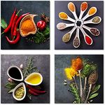 Pyradecor 4 Pieces Colorful Spices and Spoon Vintage Canvas Prints Still Life Paintings Pictures Canvas Wall Art for Living Rome Home Kitchen Decorations