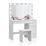 TUKAILAi White Dressing Table Set with Hollywood LED Lights Mirror, Cushioned Stool and 4 Storage Drawers, Vanity Set Makeup Table 4 Drawers for Bedroom Girls Women