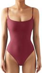 SUUKSESS Women Sexy Square Neck Thong Bodysuit Backless Sleeveless Basic Cami Body Suit Top (Maroon, S)