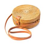 MAIRO LIFESTYLE Rattan Cane Straw Wicker Handmade Boho Summer Beach Round Sling Bag (Light Brown Plain)