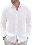 J.VER Men's Linen Shirts Casual Button Down Long Sleeve Shirt Solid Spread Collar Summer Beach Shirts with Pocket, White, Medium