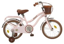 Toimsa Vintage 16 inch Kids Bike, Bicycle with a retro look rear carrier rack and front wicker style basket and training wheel stabilisers, 5-7 Years, Pink and Brown