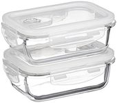 Amazon Brand - Solimo Borosilicate Glass Containers With Air-Vent Lids For Kitchen/Tiffin, 2, Rectangle (370 Ml Each),Transparent